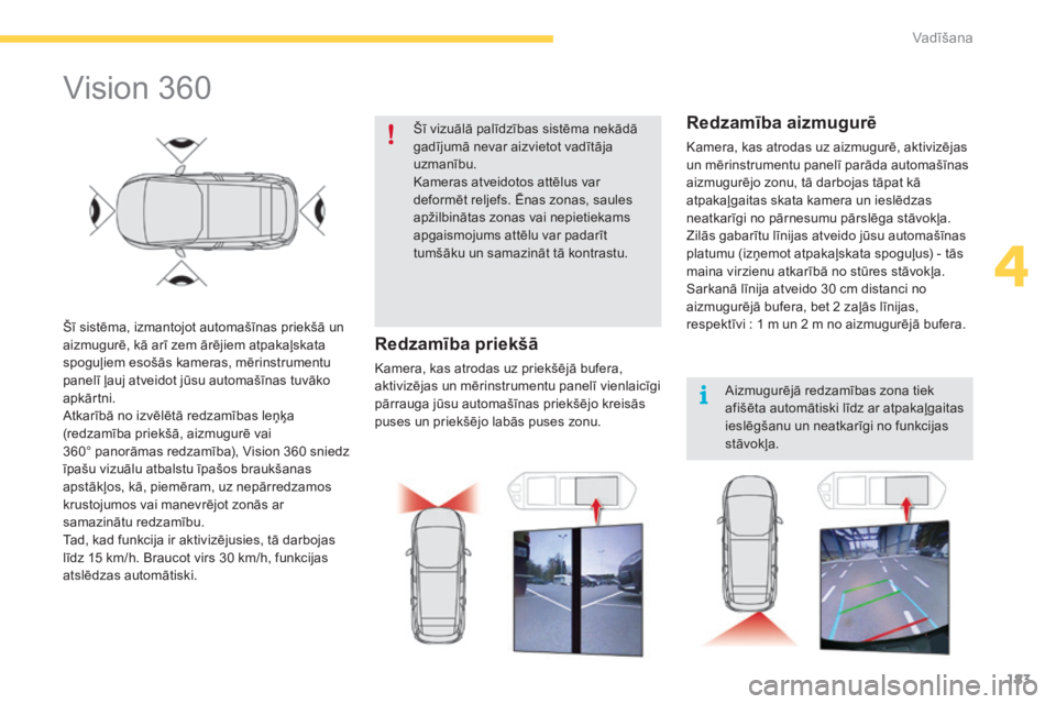 CITROEN C4 SPACETOURER 2015 Lietošanas Instrukcija (in Latvian) 183
C4-Picasso-II_lv_Chap04_conduite_ed01-2014
Vision 360
Šī sistēma, izmantojot automašīnas priekšā un
aizmugurē, kā arī zem ārējiem atpakaļskata
spoguļiem esošās kameras, mērinstr CITROEN C4 SPACETOURER 2015 Lietošanas Instrukcija (in Latvian) 183
C4-Picasso-II_lv_Chap04_conduite_ed01-2014
Vision 360
Šī sistēma, izmantojot automašīnas priekšā un
aizmugurē, kā arī zem ārējiem atpakaļskata
spoguļiem esošās kameras, mērinstr