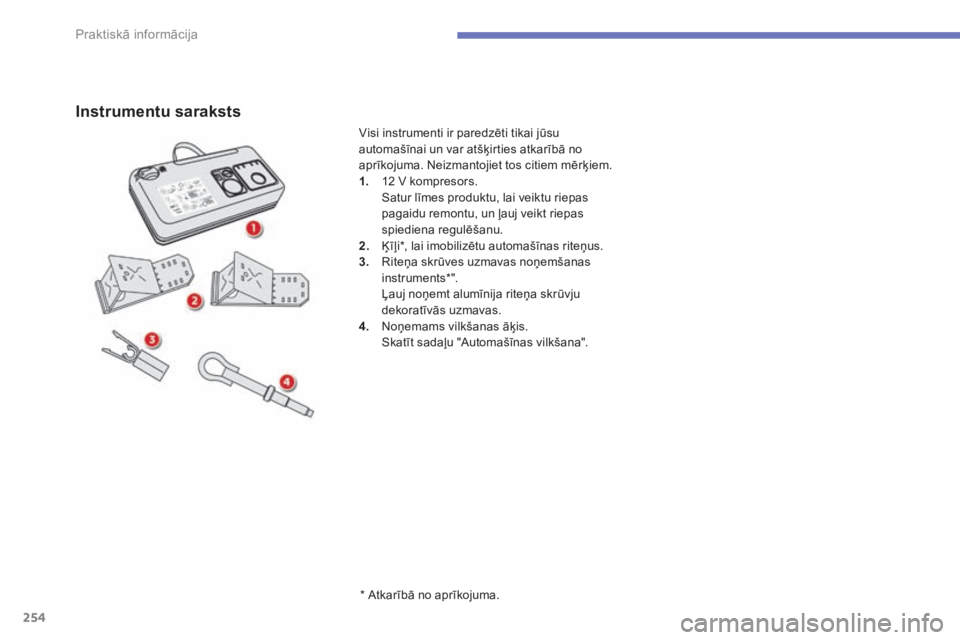 CITROEN C4 SPACETOURER 2015  Lietošanas Instrukcija (in Latvian) 254
C4-Picasso-II_lv_Chap07_info-pratiques_ed01-2014
Instrumentu saraksts
* Atkarībā no aprīkojuma.
Visi instrumenti ir paredzēti tikai jūsu 
automašīnai un var atšķirties atkarībā no 
apr