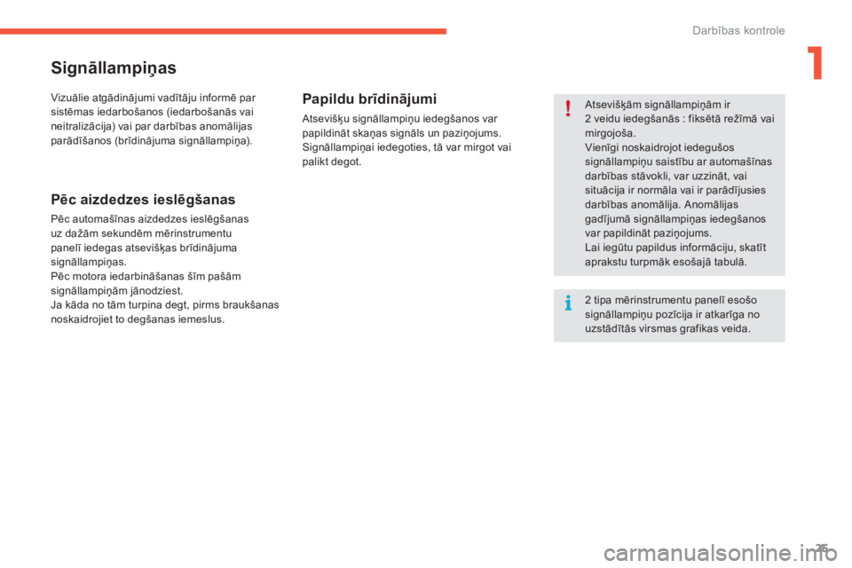 CITROEN C4 SPACETOURER 2015  Lietošanas Instrukcija (in Latvian) 25
C4-Picasso-II_lv_Chap01_controle-de-marche_ed01-2014
Signāllampiņas
Atsevišķām signāllampiņām ir  
2 veidu iedegšanās  : fiksētā režīmā vai 
mirgojoša.
Vienīgi noskaidrojot iedegu�