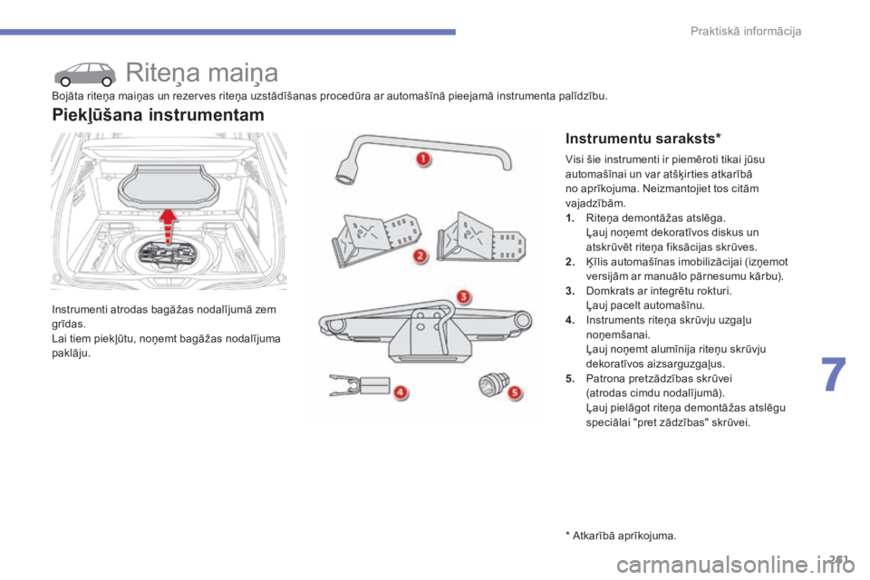 CITROEN C4 SPACETOURER 2015  Lietošanas Instrukcija (in Latvian) 261
C4-Picasso-II_lv_Chap07_info-pratiques_ed01-2014
Riteņa maiņa
Instrumenti atrodas bagāžas nodalījumā zem 
grīdas.
Lai tiem piekļūtu, noņemt bagāžas nodalījuma 
paklāju.
Piekļūšana