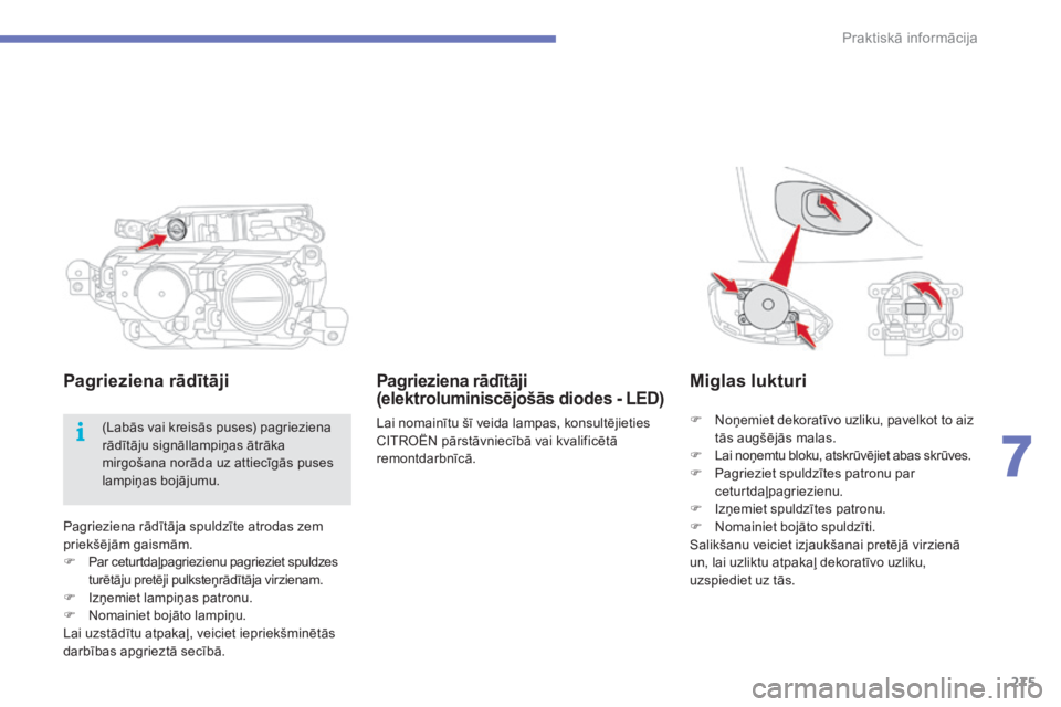 CITROEN C4 SPACETOURER 2015  Lietošanas Instrukcija (in Latvian) 275
C4-Picasso-II_lv_Chap07_info-pratiques_ed01-2014
Pagrieziena rādītāja spuldzīte atrodas zem 
priekšējām gaismām.
F 
P
 ar ceturtdaļpagriezienu pagrieziet spuldzes 
turētāju pretēji pul