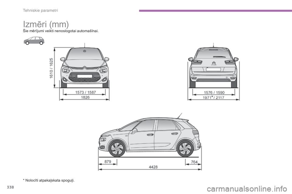 CITROEN C4 SPACETOURER 2015  Lietošanas Instrukcija (in Latvian) 338
C4-Picasso-II_lv_Chap09_caracteristiques-techniques_ed01-2014
Izmēri (mm)Šie mērījumi veikti nenoslogotai automašīnai.
* Nolocīti atpakaļskata spoguļi. 
T  