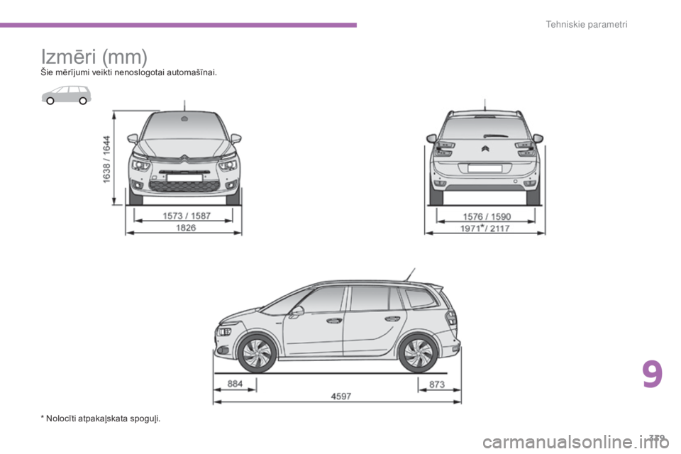 CITROEN C4 SPACETOURER 2015  Lietošanas Instrukcija (in Latvian) 339
C4-Picasso-II_lv_Chap09_caracteristiques-techniques_ed01-2014
Izmēri (mm)Šie mērījumi veikti nenoslogotai automašīnai.
* Nolocīti atpakaļskata spoguļi.
9 
T  