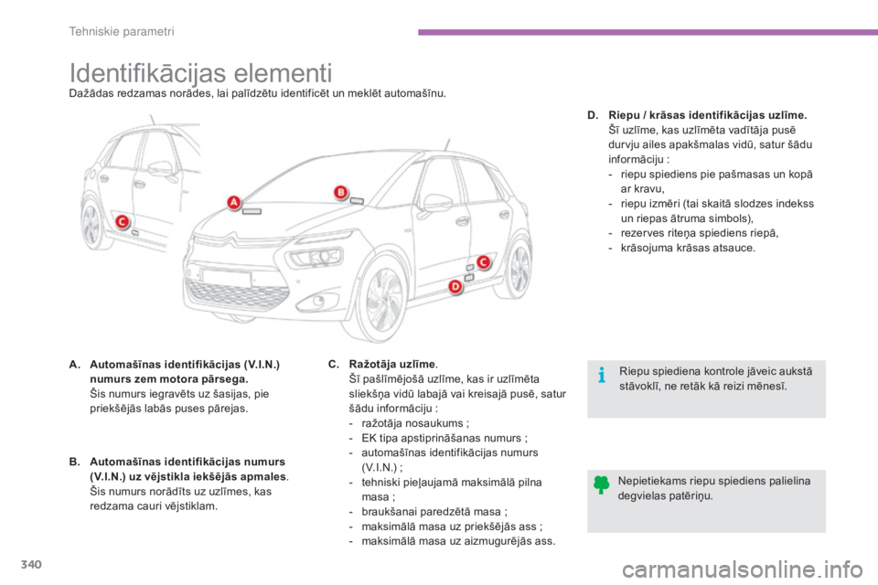CITROEN C4 SPACETOURER 2015  Lietošanas Instrukcija (in Latvian) 340
C4-Picasso-II_lv_Chap09_caracteristiques-techniques_ed01-2014
Identifikācijas elementiDažādas redzamas norādes, lai palīdzētu identificēt un meklēt automašīnu.
A.
 A
utomašīnas identif