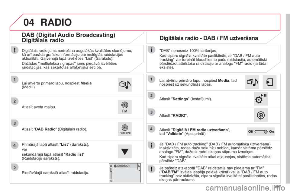 CITROEN C4 SPACETOURER 2015  Lietošanas Instrukcija (in Latvian) 04
359
C4-Picasso-II_lv_Chap10b_SMEGplus_ed01-2014
RADIO
Ja "DAB / FM auto tracking" (DAB / FM automātiska uztveršana) 
ir aktivizēts, rodas dažu sekunžu nobīde, kamēr sistēma pārslē