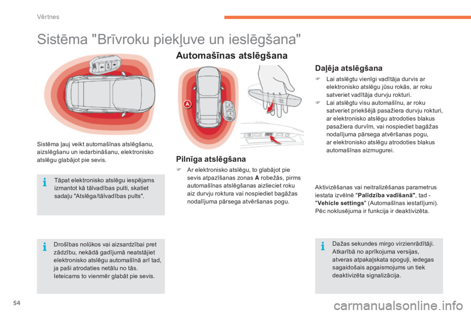 CITROEN C4 SPACETOURER 2015  Lietošanas Instrukcija (in Latvian) 54
C4-Picasso-II_lv_Chap02_ouvertures_ed01-2014
Sistēma ļauj veikt automašīnas atslēgšanu, 
aizslēgšanu un iedarbināšanu, elektronisko 
atslēgu glabājot pie sevis.Drošības nolūkos vai a