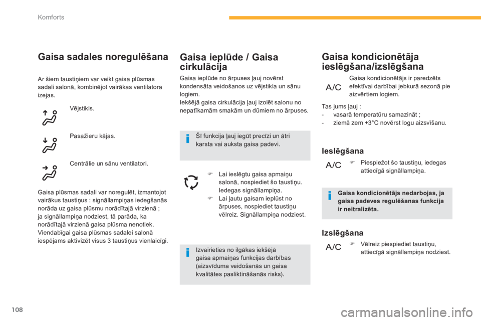 CITROEN C4 SPACETOURER 2014  Lietošanas Instrukcija (in Latvian) 108
Komfor ts
   
Gaisa ieplūde / Gaisa 
cirkulācija
 Gaisa ieplūde no ārpuses ļauj novērst 
kondensāta veidošanos uz vējstikla un sānu logiem.
  Iekšēj— gaisa cirkulācija ļauj izolē
