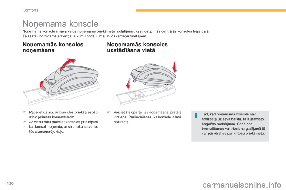 CITROEN C4 SPACETOURER 2014  Lietošanas Instrukcija (in Latvian) 120
Komfor ts
  Noņemama konsole 
Noņemama konsole ir sava veida noņemams priekšmetu nodalījums, kas nostiprinās centrālās konsoles lejas daļā.
Tā sastāv no bīdāma aizvirtņa, sīkumu no