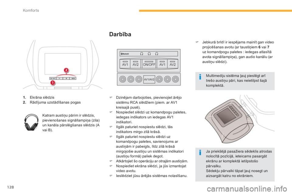 CITROEN C4 SPACETOURER 2014  Lietošanas Instrukcija (in Latvian) 128
Komfor ts
1.   Ekrāna slēdzis 2. 
 Rādījuma uzstādīšanas pogas
   
Katram austiņu pārim ir slēdzis,
pievienošanas si
gnāllampiņa (zila) un kanāla pārslēgšanas slēdzis (A 
vai B).