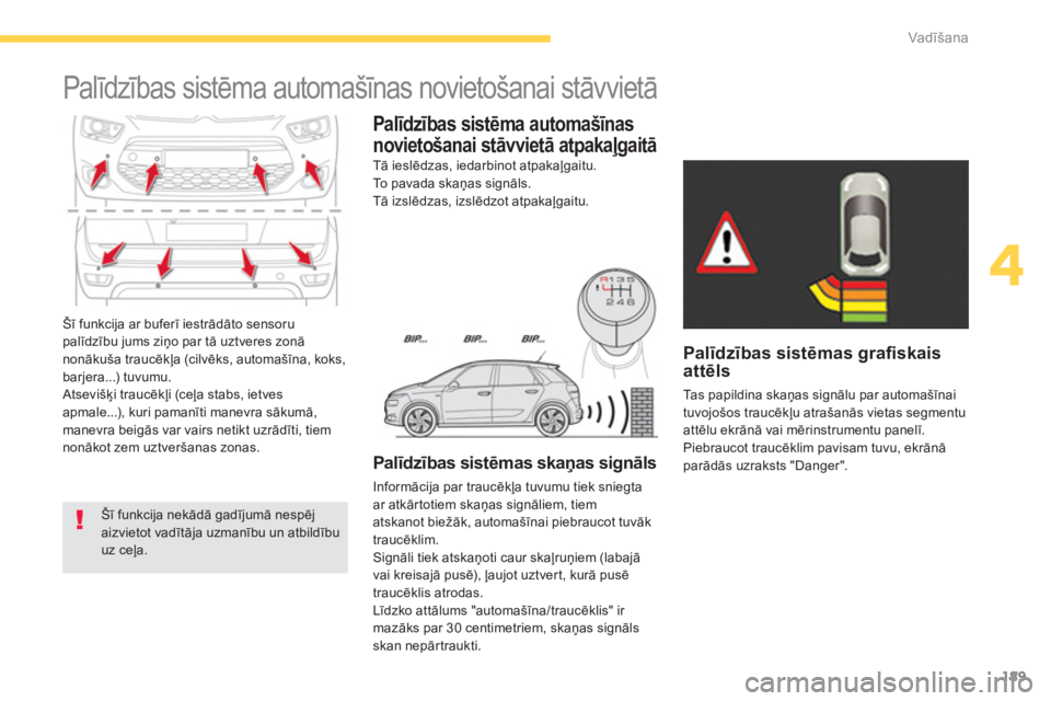 CITROEN C4 SPACETOURER 2014  Lietošanas Instrukcija (in Latvian) 189
4
Vadīšana
 
Šī funkcija ar buferī iestrādāto sensoru palīdzību jums ziņo par tā uztveres zonānonākuša traucēkļa (cilvēks, automašīna, koks,
barjera...) tuvumu. 
 Atsevišķi tr