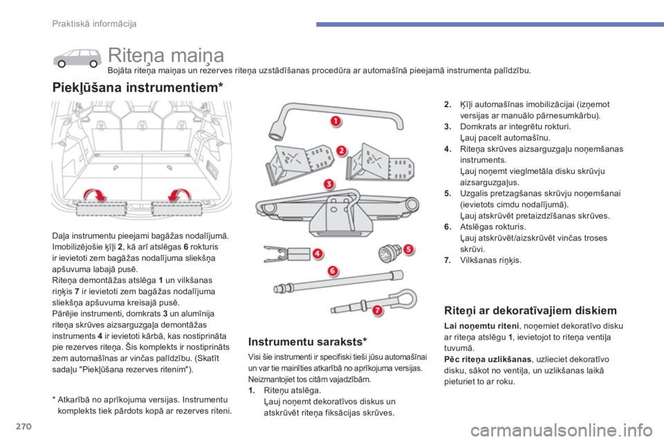 CITROEN C4 SPACETOURER 2014  Lietošanas Instrukcija (in Latvian) 270
Praktiskā informācija
*  
  Atkarībā no aprīkojuma versijas. Instrumentu
komplekts tiek pārdots kopā ar rezerves riteni.
 
 
 
 
 
 
 
 
 
 
 
Riteņa maiņa Bojāta riteņa maiņas un reze