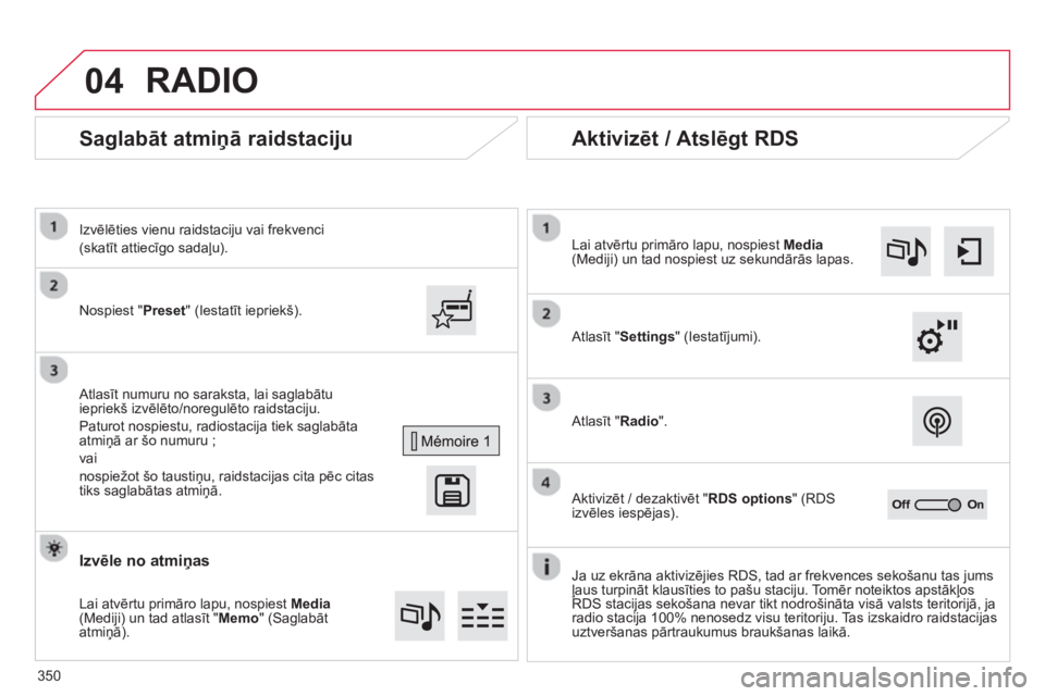 CITROEN C4 SPACETOURER 2014  Lietošanas Instrukcija (in Latvian) 04
350
   
 
 
 
 
Saglabāt atmiņā raidstaciju 
 
 
Nospiest "Preset" (Iestatīt iepriekš).    
Izvēlēties vienu raidstaci
ju vai frekvenci
(skatīt attiecīgo sadaļu).  
   
Atlasīt numuru no