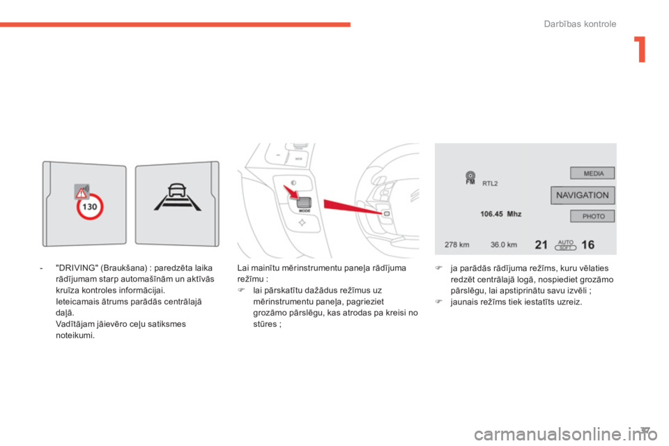CITROEN C4 SPACETOURER 2014  Lietošanas Instrukcija (in Latvian) 1
37
Darbības kontrole
 
 
-  "DRIVING" (Braukšana) : paredzēta laikarādījumam starp automašīnām un aktīvās 
kruīza kontroles informācijai.  
 Ieteicamais ātrums parādās centrālajā
da