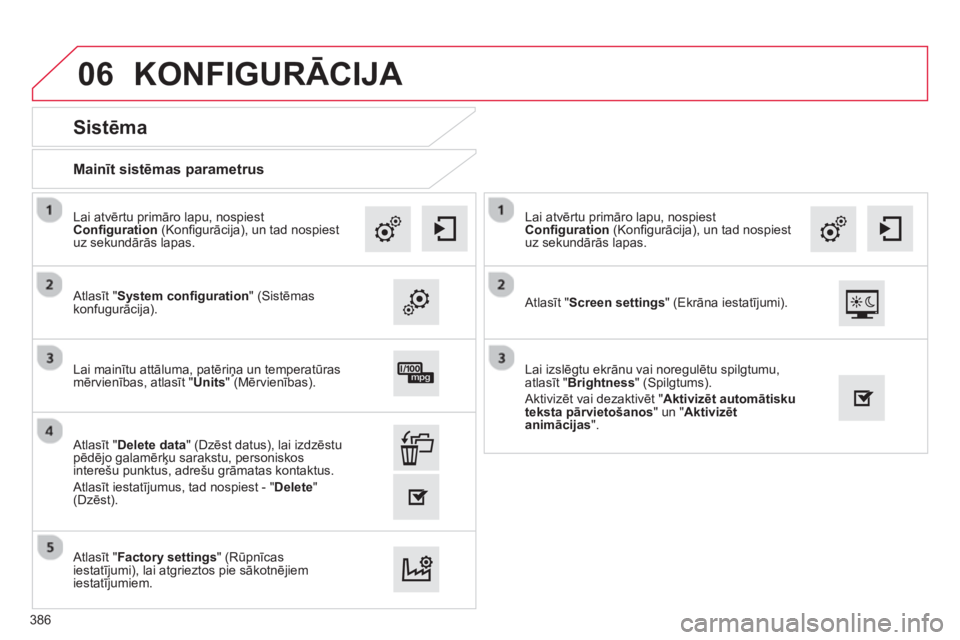 CITROEN C4 SPACETOURER 2014  Lietošanas Instrukcija (in Latvian) 06
386
   
Mainīt sistēmas parametrus
 
 
 
 
 
 
 
Sistēma 
 
 Atlasīt "System conﬁ guration" (Sistēmas
konfugurācija).      
Lai atvērtu primāro lapu, nospiest
Conﬁ guration 
 (Konﬁ gu