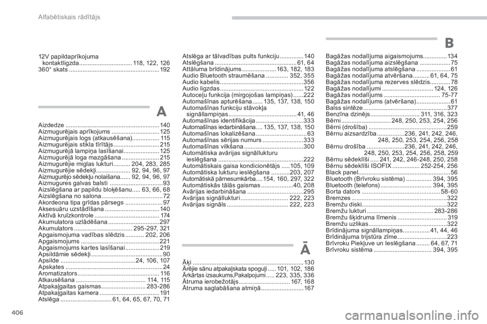 CITROEN C4 SPACETOURER 2014  Lietošanas Instrukcija (in Latvian) 406
Alfabētiskais rādītājs
12V papildaprīkojuma kontaktligzda...............................118,122,126360° skats.....................................................192
Atslēga ar tālvadības