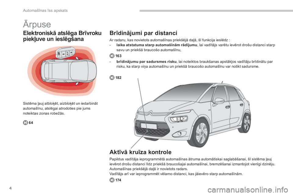 CITROEN C4 SPACETOURER 2014  Lietošanas Instrukcija (in Latvian) 4
Automašīnas īss apskats
 
Ārpuse 
Elektroniskā atslēga Brīvroku 
piekļuve un ieslēgšana 
Sistēma ļauj atbloķēt, aizbloķēt un iedarbināt automašīnu, atslēgai atrodoties pie jumsno