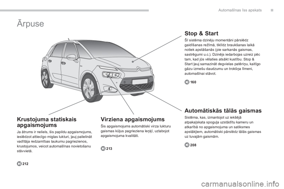 CITROEN C4 SPACETOURER 2014  Lietošanas Instrukcija (in Latvian) .
5
Automašīnas īss apskats
 
Ārpuse 
Virziena apgaismojums
Šis apgaismojums automātiski virza lukturu 
gaismas kūļus pagrieziena leņķī, uzlabojot apgaismojuma kvalitāti. 
213
 
 
Krustoju