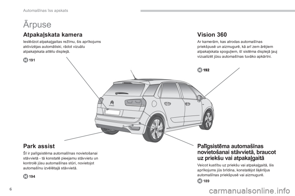 CITROEN C4 SPACETOURER 2014 Lietošanas Instrukcija (in Latvian) 6
Automašīnas īss apskats
Ārpuse
Park assist
Šī ir palīgsistēma automašīnas novietošanaistāvvietā - tā konstatē pieejamu stāvvietu un
kontrolē jūsu automašīnas stūri, novietoj CITROEN C4 SPACETOURER 2014 Lietošanas Instrukcija (in Latvian) 6
Automašīnas īss apskats
Ārpuse
Park assist
Šī ir palīgsistēma automašīnas novietošanaistāvvietā - tā konstatē pieejamu stāvvietu un
kontrolē jūsu automašīnas stūri, novietoj