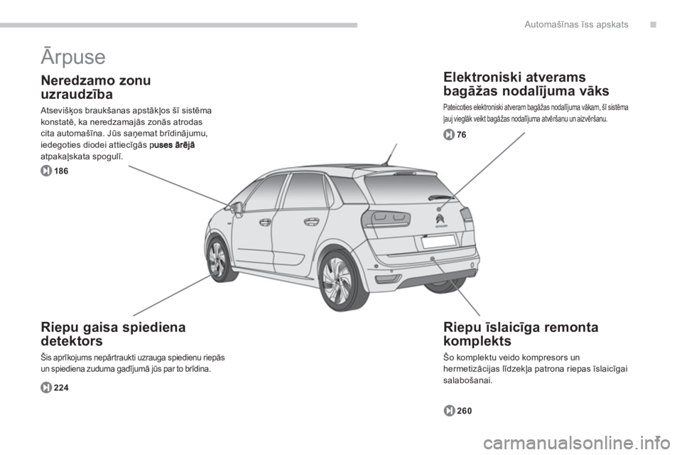 CITROEN C4 SPACETOURER 2014  Lietošanas Instrukcija (in Latvian) .
7
Automašīnas īss apskats
 
Ārpuse 
 
 
Elektroniski atverams
ba
gāžas nodalījuma vāks 
 
Pateicoties elektroniski atveram bagāžas nodalījuma vākam, šī sistēma ļauj vieglāk veikt ba