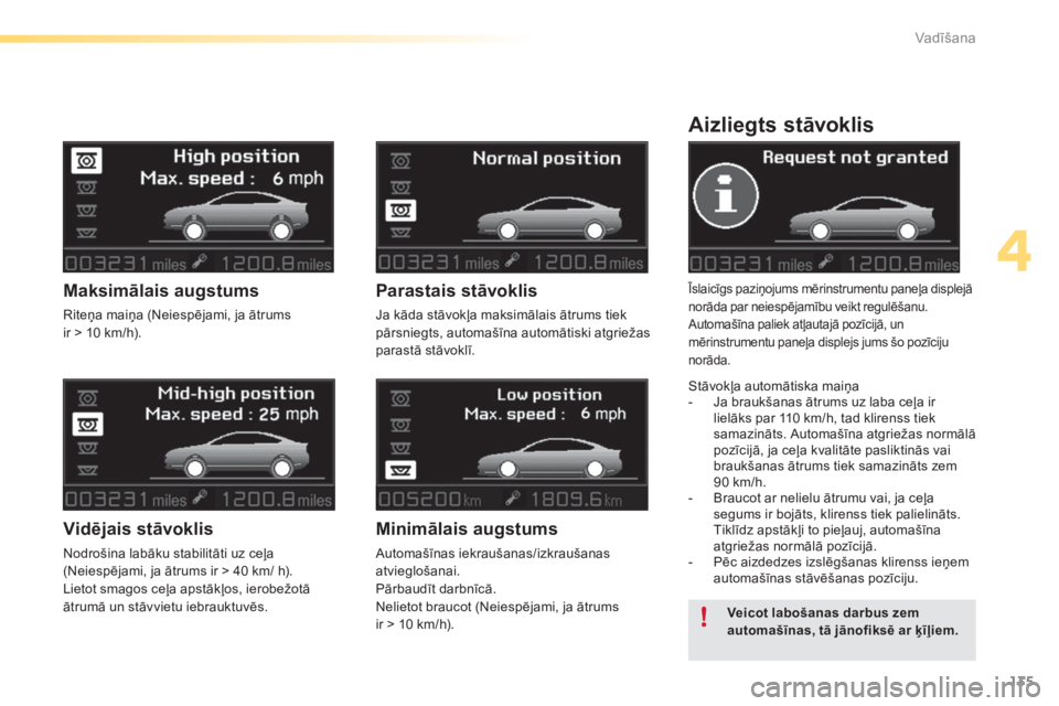 CITROEN C5 2016  Lietošanas Instrukcija (in Latvian) 135
C5_lv_Chap04_conduite_ed01-2015
Aizliegts stāvoklis
Īslaicīgs paziņojums mērinstrumentu paneļa displejā 
norāda par neiespējamību veikt regulēšanu.
Automašīna paliek atļautajā poz