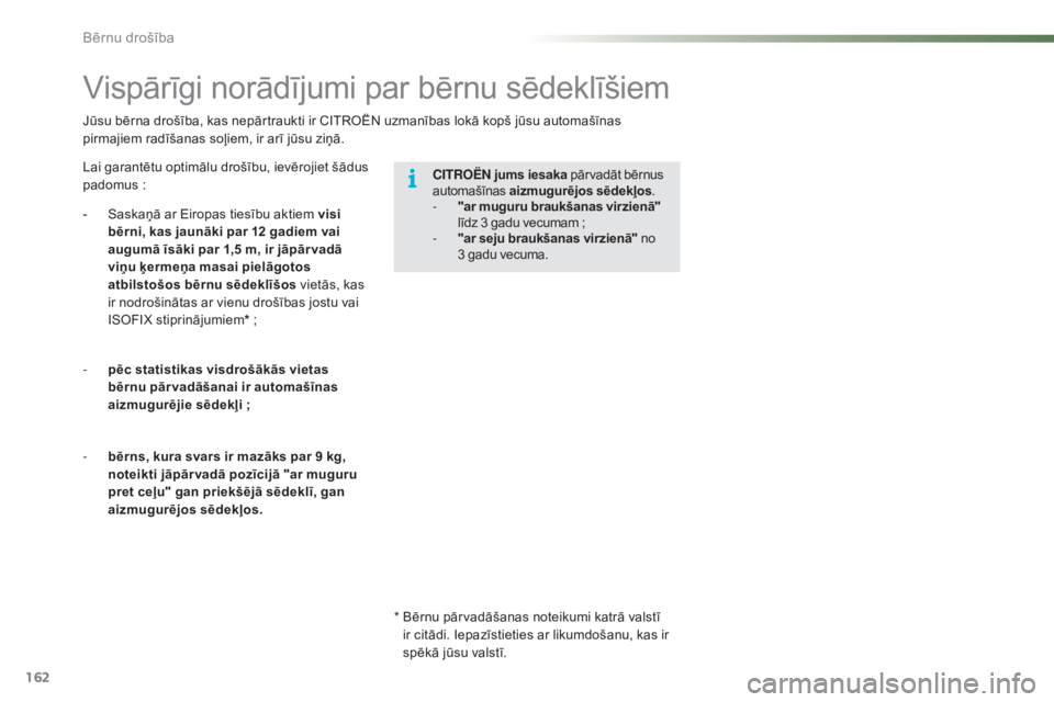CITROEN C5 2016  Lietošanas Instrukcija (in Latvian) 162
C5_lv_Chap07_securite-enfant_ed01-2015
Jūsu bērna drošība, kas nepārtraukti ir CITROËN uzmanības lokā kopš jūsu automašīnas 
pirmajiem radīšanas soļiem, ir arī jūsu ziņā.
Vispā