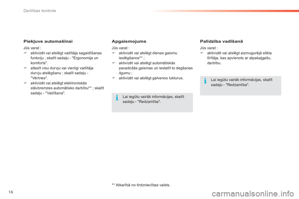 CITROEN C5 2016  Lietošanas Instrukcija (in Latvian) 16
C5_lv_Chap01_controle-de-marche_ed01-2015
Piekļuve automašīnai
Jūs varat :
F  a ktivizēt vai atslēgt vadītāja sagaidīšanas 
funkciju
  ; skatīt sadaļu - "Ergonomija un 
komfo r t s&