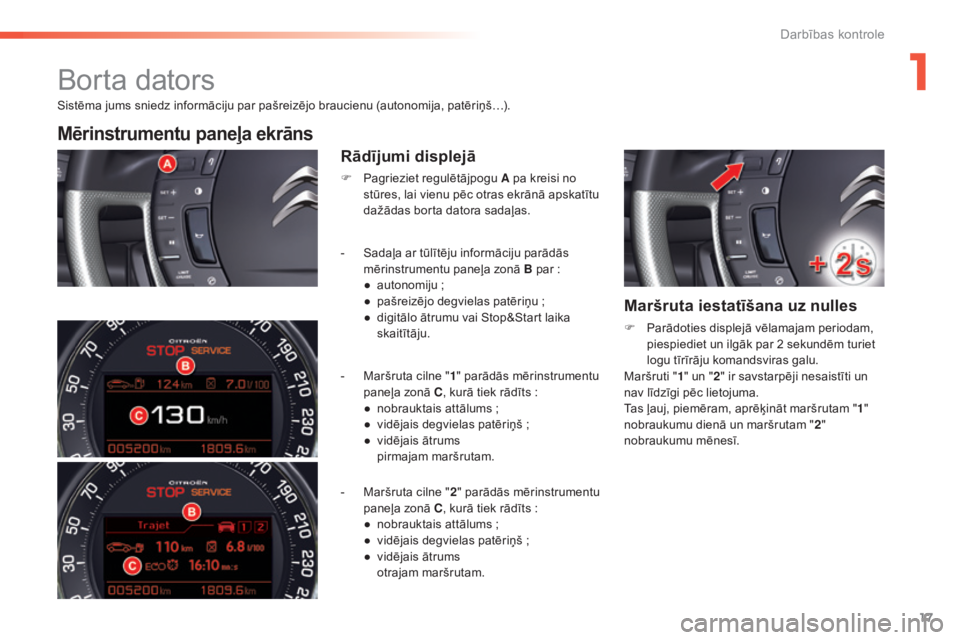 CITROEN C5 2016  Lietošanas Instrukcija (in Latvian) 17
C5_lv_Chap01_controle-de-marche_ed01-2015
Sistēma jums sniedz informāciju par pašreizējo braucienu (autonomija, patēriņš…).
Mērinstrumentu paneļa ekrāns
Rādījumi displejā
F Pagriezie