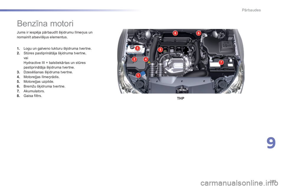 CITROEN C5 2016  Lietošanas Instrukcija (in Latvian) 225
C5_lv_Chap09_verification_ed01-2015
Jums ir iespēja pārbaudīt šķidrumu līmeņus un 
nomainīt atsevišķus elementus.THP
Benzīna motori
1. Logu un galveno lukturu šķidruma tvertne.
2. St
