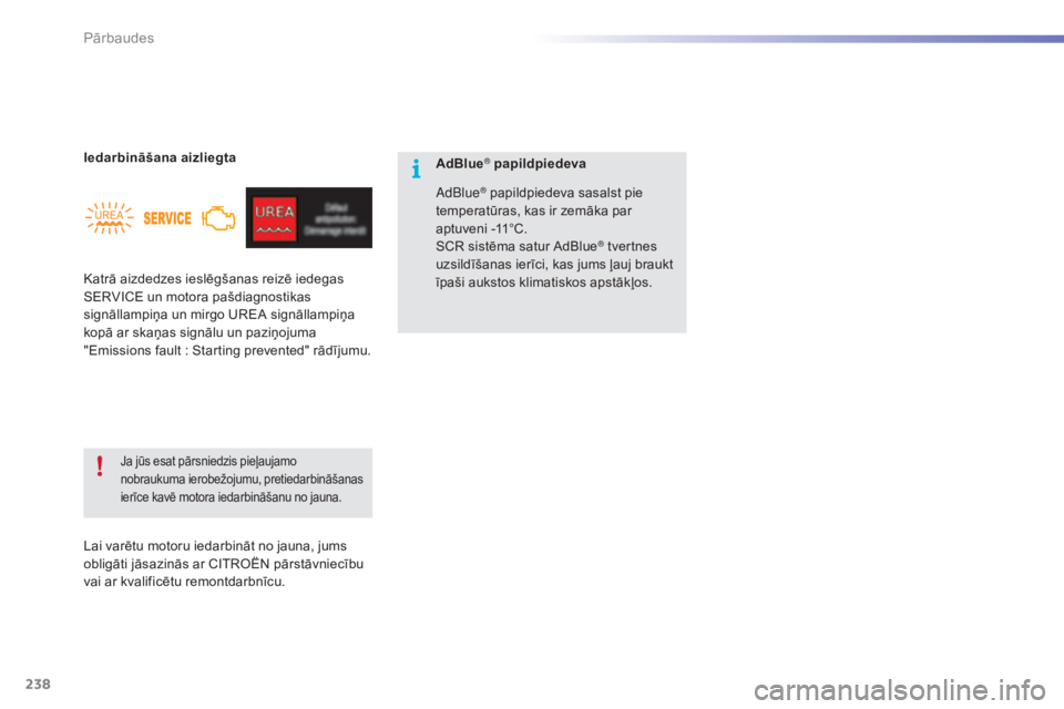 CITROEN C5 2016  Lietošanas Instrukcija (in Latvian) 238
C5_lv_Chap09_verification_ed01-2015
Katrā aizdedzes ieslēgšanas reizē iedegas 
SERVICE un motora pašdiagnostikas 
signāllampiņa un mirgo UREA signāllampiņa 
kopā ar skaņas signālu un p
