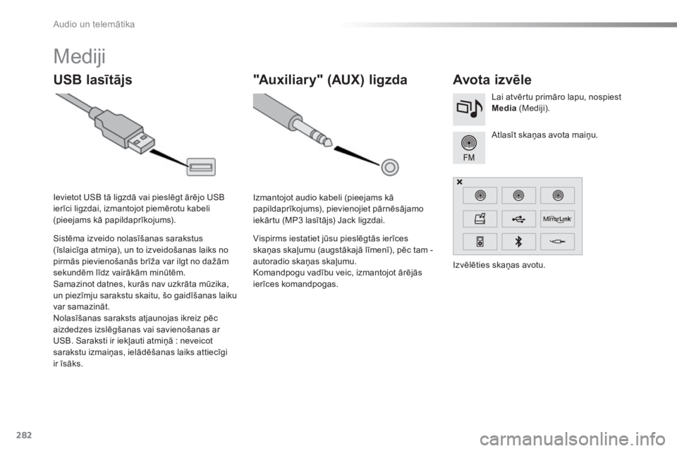 CITROEN C5 2016 Lietošanas Instrukcija (in Latvian) 282
C5_lv_Chap11b_SMEGplus_ed01-2015
Mediji
USB lasītājsAvota iz vēle
Atlasīt skaņas avota maiņu. Lai atvērtu primāro lapu, nospiest
Media (Mediji).
Sistēma izveido nolasīšanas sarakstus CITROEN C5 2016 Lietošanas Instrukcija (in Latvian) 282
C5_lv_Chap11b_SMEGplus_ed01-2015
Mediji
USB lasītājsAvota iz vēle
Atlasīt skaņas avota maiņu. Lai atvērtu primāro lapu, nospiest
Media (Mediji).
Sistēma izveido nolasīšanas sarakstus