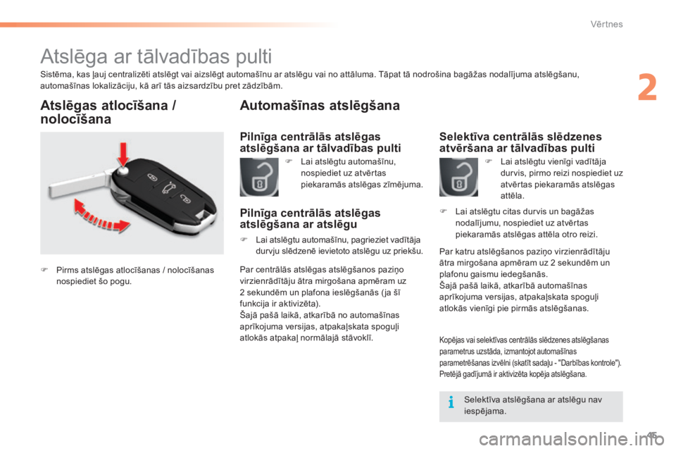 CITROEN C5 2016 Lietošanas Instrukcija (in Latvian) 45
C5_lv_Chap02_ouverture_ed01-2015
Atslēga ar tālvadības pulti
Sistēma, kas ļauj centralizēti atslēgt vai aizslēgt automašīnu ar atslēgu vai no attāluma. Tāpat tā nodrošina bagāžas n CITROEN C5 2016 Lietošanas Instrukcija (in Latvian) 45
C5_lv_Chap02_ouverture_ed01-2015
Atslēga ar tālvadības pulti
Sistēma, kas ļauj centralizēti atslēgt vai aizslēgt automašīnu ar atslēgu vai no attāluma. Tāpat tā nodrošina bagāžas n