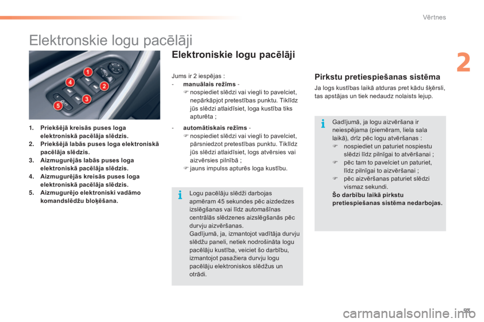 CITROEN C5 2016  Lietošanas Instrukcija (in Latvian) 53
C5_lv_Chap02_ouverture_ed01-2015
Elektronskie logu pacēlāji
1. Priekšējā kreisās puses loga elektroniskā pacēlāja slēdzis.
2.
 P

riekšējā labās puses loga elektroniskā 
pacēlāja s