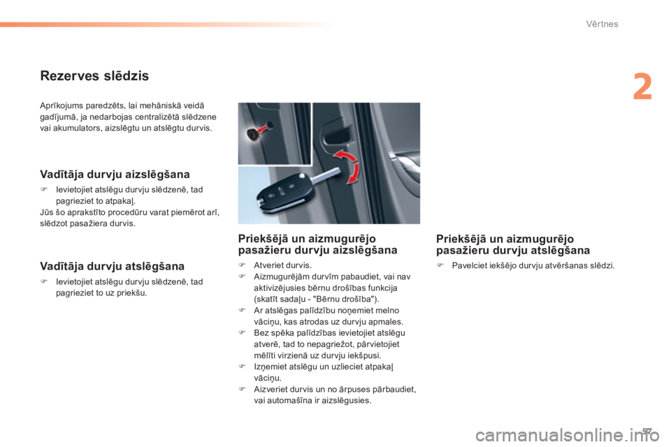 CITROEN C5 2016  Lietošanas Instrukcija (in Latvian) 57
C5_lv_Chap02_ouverture_ed01-2015
Aprīkojums paredzēts, lai mehāniskā veidā 
gadījumā, ja nedarbojas centralizētā slēdzene 
vai akumulators, aizslēgtu un atslēgtu durvis.
Vadītāja durv