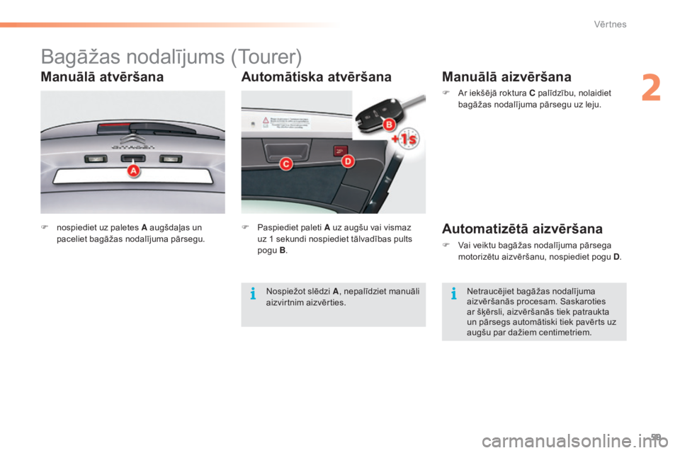 CITROEN C5 2016  Lietošanas Instrukcija (in Latvian) 59
C5_lv_Chap02_ouverture_ed01-2015
Automātiska atvēršana
Bagāžas nodalījums (Tourer)
Manuālā atvēršana
F nospiediet uz paletes A augšdaļas un paceliet bagāžas nodalījuma pārsegu. F
 P