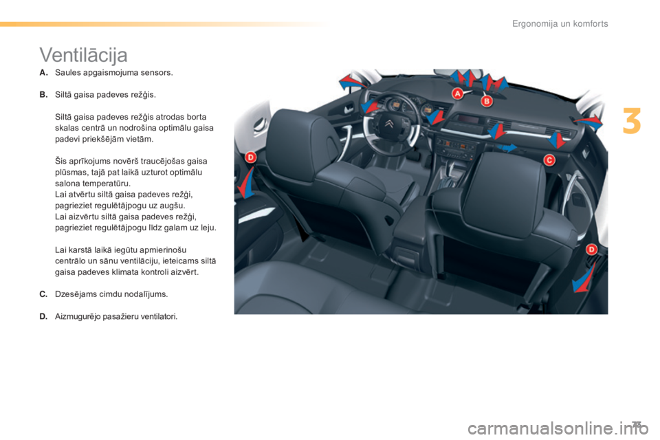 CITROEN C5 2016  Lietošanas Instrukcija (in Latvian) 73
C5_lv_Chap03_ergo-et-confort_ed01-2015
Ventilācija
A. Saules apgaismojuma sensors.
B.
 S
iltā gaisa padeves režģis.
 S

iltā gaisa padeves režģis atrodas borta 
skalas centrā un nodrošina 