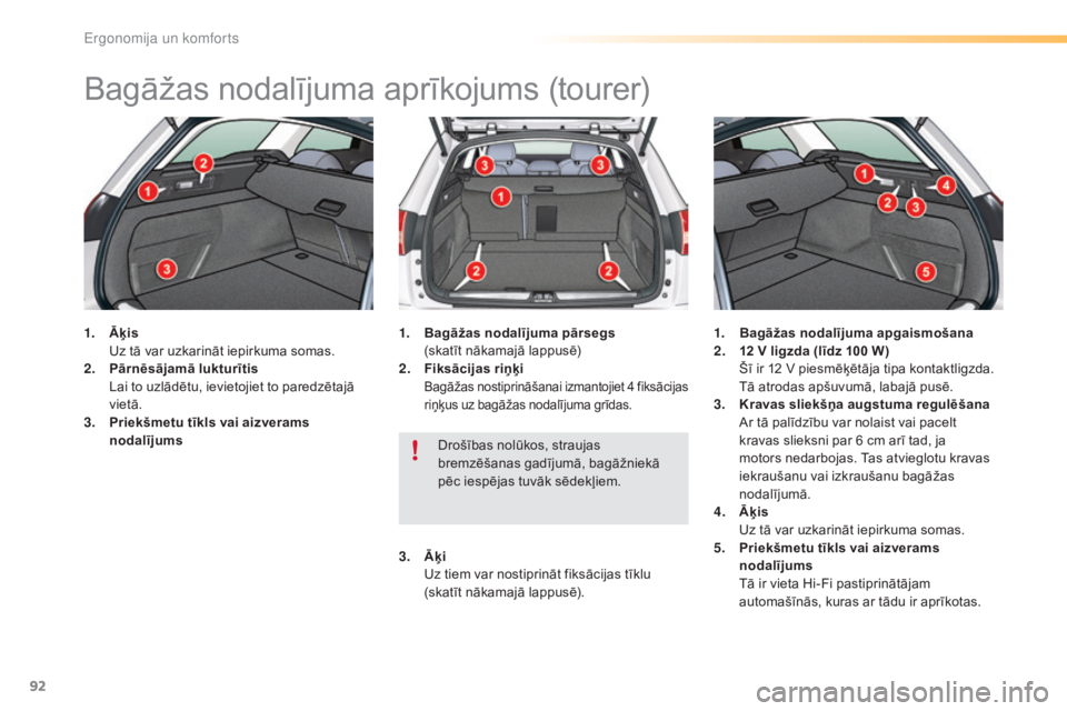 CITROEN C5 2016  Lietošanas Instrukcija (in Latvian) 92
C5_lv_Chap03_ergo-et-confort_ed01-2015
Bagāžas nodalījuma aprīkojums (tourer)
1. Āķis  U
z tā var uzkarināt iepirkuma somas.
2.
 P

ārnēsājamā lukturītis  
 L

ai to uzlādētu, ieviet