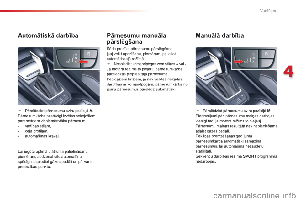 CITROEN C5 2015 Lietošanas Instrukcija (in Latvian) 113
C5_lv_Chap04_conduite_ed01-2014
Pārnesumu manuāla
pārslēgšana
Šāda precīza pārnesumu pārslēgšana
ļauj veikt apdzīšanu, piemēram, paliekot
automātiskajā režīmā.
F
N
ospied CITROEN C5 2015 Lietošanas Instrukcija (in Latvian) 113
C5_lv_Chap04_conduite_ed01-2014
Pārnesumu manuāla
pārslēgšana
Šāda precīza pārnesumu pārslēgšana
ļauj veikt apdzīšanu, piemēram, paliekot
automātiskajā režīmā.
F
N
ospied