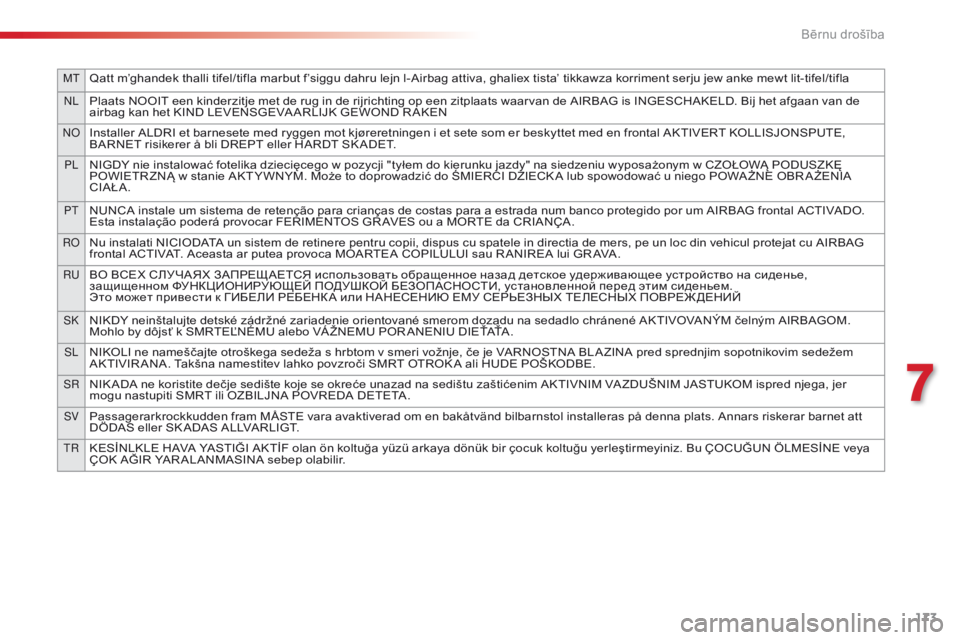 CITROEN C5 2015 Lietošanas Instrukcija (in Latvian) MTQatt m’ghandek thalli tifel/tifla marbut f’siggu dahru lejn l-Airbag attiva, ghaliex tista’ tikkawza korriment serju jew anke mewt lit-tifel/tifla
nLPlaats NOOIT een kinderzitje met de rug in CITROEN C5 2015 Lietošanas Instrukcija (in Latvian) MTQatt m’ghandek thalli tifel/tifla marbut f’siggu dahru lejn l-Airbag attiva, ghaliex tista’ tikkawza korriment serju jew anke mewt lit-tifel/tifla
nLPlaats NOOIT een kinderzitje met de rug in
