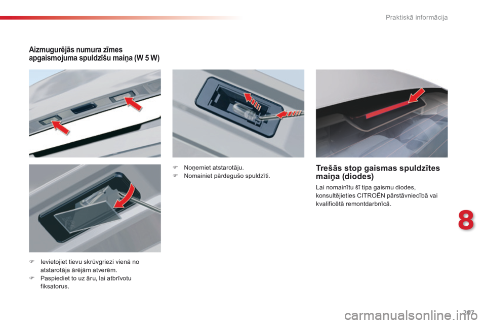 CITROEN C5 2015 Lietošanas Instrukcija (in Latvian) 207
C5_lv_Chap08_information_ed01-2014
F Ievietojiet tievu skrūvgriezi vienā no atstarotāja ārējām atverēm.
F
P
aspiediet to uz āru, lai atbrīvotu
fiksatorus.
Trešās stop gaismas spuldz CITROEN C5 2015 Lietošanas Instrukcija (in Latvian) 207
C5_lv_Chap08_information_ed01-2014
F Ievietojiet tievu skrūvgriezi vienā no atstarotāja ārējām atverēm.
F
P
aspiediet to uz āru, lai atbrīvotu
fiksatorus.
Trešās stop gaismas spuldz