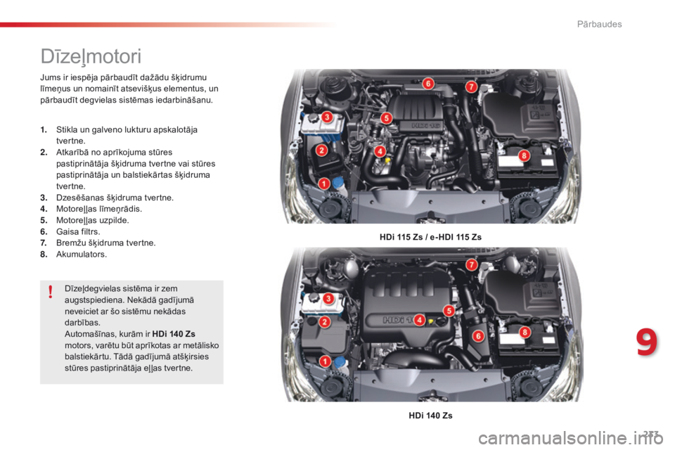 CITROEN C5 2015 Lietošanas Instrukcija (in Latvian) 233
C5_lv_Chap09_verification_ed01-2014
Dīzeļmotori
HDi 115 Zs / e- HDI 115 Zs
HDi 140 Zs
Jums ir iespēja pārbaudīt dažādu šķidrumu
līmeņus un nomainīt atsevišķus elementus, un
pārbau CITROEN C5 2015 Lietošanas Instrukcija (in Latvian) 233
C5_lv_Chap09_verification_ed01-2014
Dīzeļmotori
HDi 115 Zs / e- HDI 115 Zs
HDi 140 Zs
Jums ir iespēja pārbaudīt dažādu šķidrumu
līmeņus un nomainīt atsevišķus elementus, un
pārbau