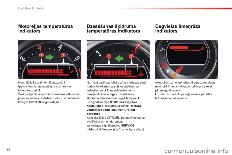 CITROEN C5 2015 Lietošanas Instrukcija (in Latvian) 24
C5_lv_Chap01_controle-de-marche_ed01-2014
Motoreļļas temperatūras
indikators
Normālā laikā atzīmēm jābūt zonā 1.
Īpašos lietošanas apstākļos atzīmes var
iedegties zonā 2.
Šaj CITROEN C5 2015 Lietošanas Instrukcija (in Latvian) 24
C5_lv_Chap01_controle-de-marche_ed01-2014
Motoreļļas temperatūras
indikators
Normālā laikā atzīmēm jābūt zonā 1.
Īpašos lietošanas apstākļos atzīmes var
iedegties zonā 2.
Šaj