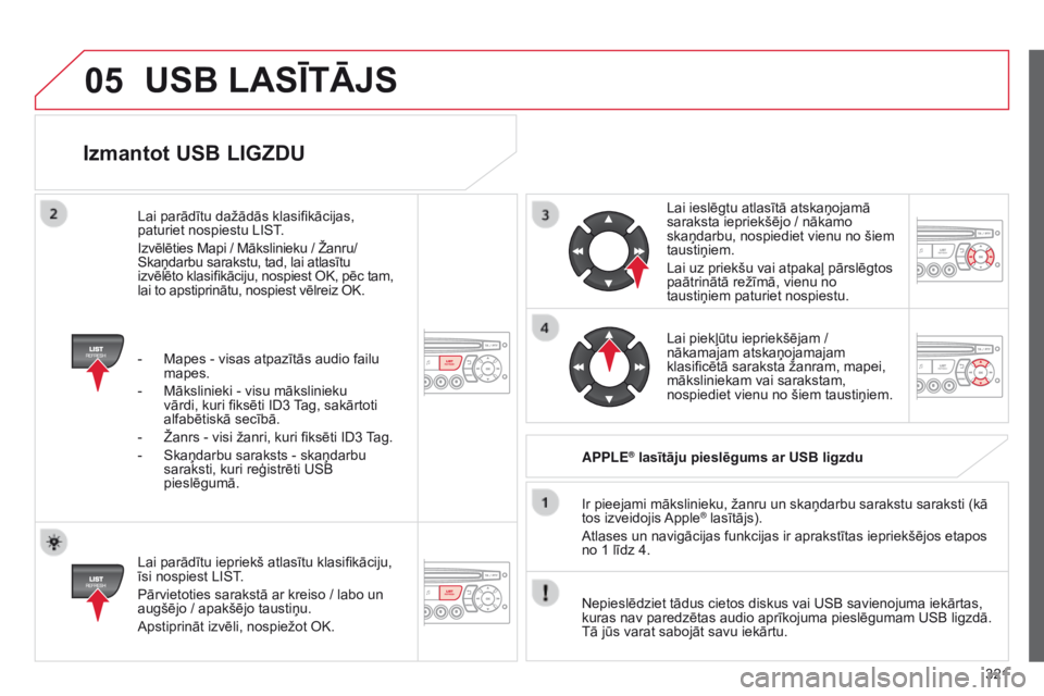 CITROEN C5 2015 Lietošanas Instrukcija (in Latvian) 05
321
C5_lv_Chap11c_RD45_ed01_2014
Izmantot USB LIGZDU
Lai parādītu iepriekš atlasītu klasifikāciju,
īsi nospiest LIST.
Pārvietoties sarakstā ar kreiso / labo un
augšējo / apakšējo taus CITROEN C5 2015 Lietošanas Instrukcija (in Latvian) 05
321
C5_lv_Chap11c_RD45_ed01_2014
Izmantot USB LIGZDU
Lai parādītu iepriekš atlasītu klasifikāciju,
īsi nospiest LIST.
Pārvietoties sarakstā ar kreiso / labo un
augšējo / apakšējo taus