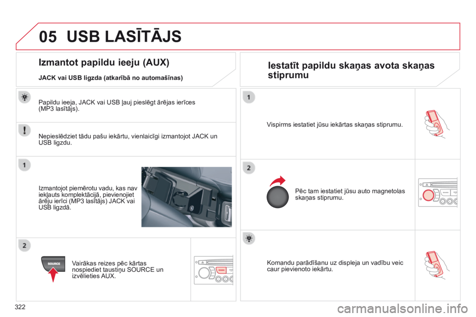CITROEN C5 2015 Lietošanas Instrukcija (in Latvian) 05
322
C5_lv_Chap11c_RD45_ed01_2014
Komandu parādīšanu uz displeja un vadību veic
caur pievienoto iekārtu.
Vispirms iestatiet jūsu iekārtas skaņas stiprumu.
Pēc tam iestatiet jūsu auto magn CITROEN C5 2015 Lietošanas Instrukcija (in Latvian) 05
322
C5_lv_Chap11c_RD45_ed01_2014
Komandu parādīšanu uz displeja un vadību veic
caur pievienoto iekārtu.
Vispirms iestatiet jūsu iekārtas skaņas stiprumu.
Pēc tam iestatiet jūsu auto magn