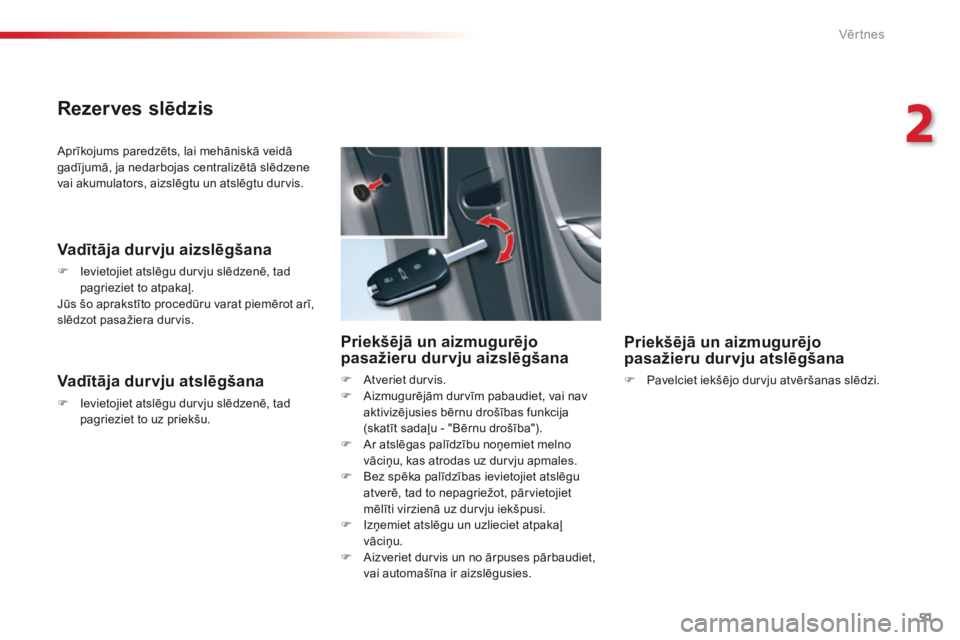 CITROEN C5 2015 Lietošanas Instrukcija (in Latvian) 51
C5_lv_Chap02_ouverture_ed01-2014
Aprīkojums paredzēts, lai mehāniskā veidā
gadījumā, ja nedarbojas centralizētā slēdzene
vai akumulators, aizslēgtu un atslēgtu durvis.
Vadītāja durv CITROEN C5 2015 Lietošanas Instrukcija (in Latvian) 51
C5_lv_Chap02_ouverture_ed01-2014
Aprīkojums paredzēts, lai mehāniskā veidā
gadījumā, ja nedarbojas centralizētā slēdzene
vai akumulators, aizslēgtu un atslēgtu durvis.
Vadītāja durv