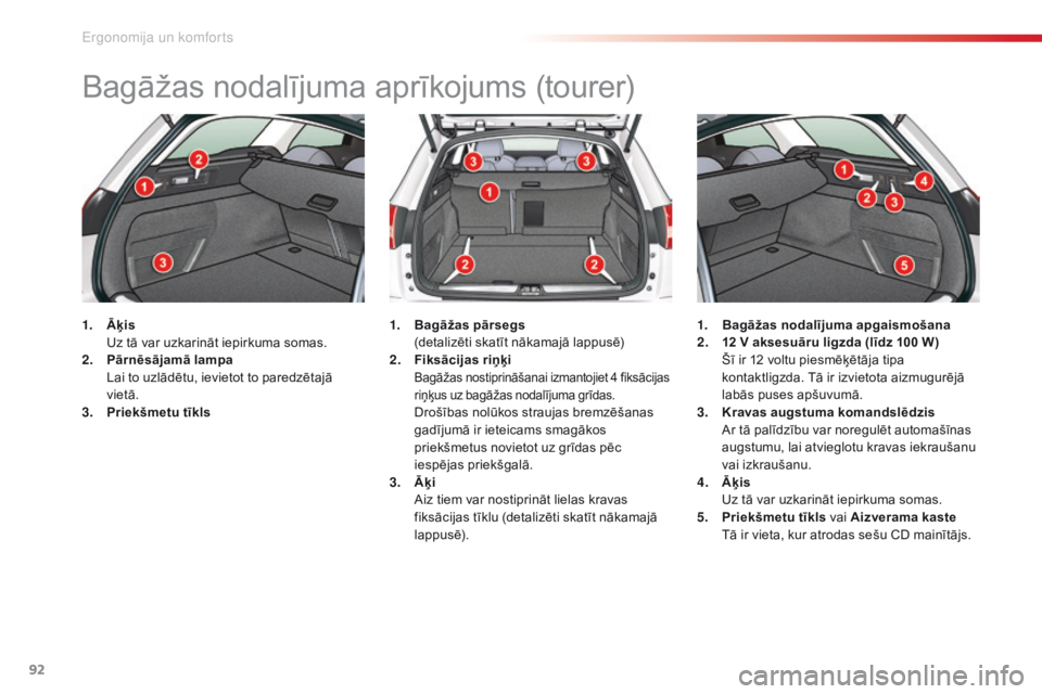 CITROEN C5 2015 Lietošanas Instrukcija (in Latvian) 92
C5_lv_Chap03_ergo-et-confort_ed01-2014
Bagāžas nodalījuma aprīkojums (tourer)
1. Āķis U
z tā var uzkarināt iepirkuma somas.
2.
P
ārnēsājamā lampa
L
ai to uzlādētu, ievietot to CITROEN C5 2015 Lietošanas Instrukcija (in Latvian) 92
C5_lv_Chap03_ergo-et-confort_ed01-2014
Bagāžas nodalījuma aprīkojums (tourer)
1. Āķis U
z tā var uzkarināt iepirkuma somas.
2.
P
ārnēsājamā lampa
L
ai to uzlādētu, ievietot to