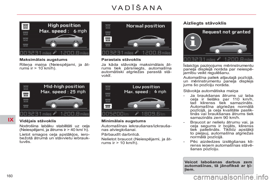 CITROEN C5 2014  Lietošanas Instrukcija (in Latvian) IX
160 
VA DĪŠANA
 
 
Aizliegts stāvoklis 
 
Īslaicīgs paziņojums mērinstrumentu 
paneļa displejā norāda par neiespē-
jamību veikt regulēšanu. 
  Automašīna paliek atļautajā pozīcij
