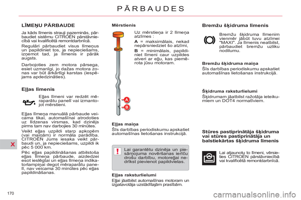 CITROEN C5 2014 Lietošanas Instrukcija (in Latvian) X
!
170
PĀRBAUDES
LĪMEŅU PĀRBAUDE
Eļļas līmenis
Eļļas līmeni var redzēt mē-
raparātu panelī vai izmanto-
jot mērstieni.
Eļļas CITROEN C5 2014 Lietošanas Instrukcija (in Latvian) X
!
170
PĀRBAUDES
LĪMEŅU PĀRBAUDE
Eļļas līmenis
Eļļas līmeni var redzēt mē-
raparātu panelī vai izmanto-
jot mērstieni.
Eļļas