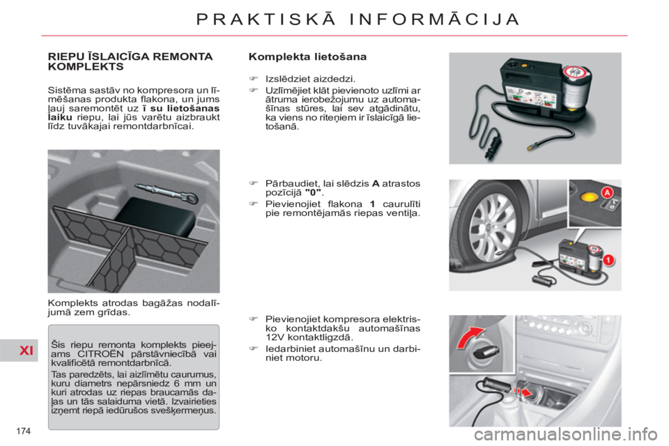 CITROEN C5 2014  Lietošanas Instrukcija (in Latvian) XI
174 
PRAKTISKĀ INFORMĀCIJA
RIEPU ĪSLAICĪGA REMONTA 
KOMPLEKTS    
Komplekta lietošana 
 
Komplekts atrodas bagāžas nodalī-
jumā zem grīdas.    
 
�) 
 Izslēdziet aizdedzi. 
   
�) 
 Uzl