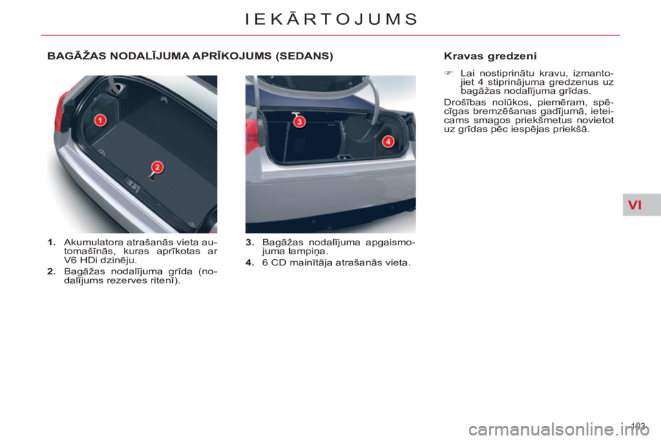 CITROEN C5 2012  Lietošanas Instrukcija (in Latvian) VI
103 
IEKĀRTOJUMS
BAGĀŽAS NODALĪJUMA APRĪKOJUMS (SEDANS) 
 
 
 
1. 
 Akumulatora atrašanās vieta au-
tomašīnās, kuras aprīkotas ar 
V6 HDi dzinēju. 
   
2. 
 Bagāžas nodalījuma grīda