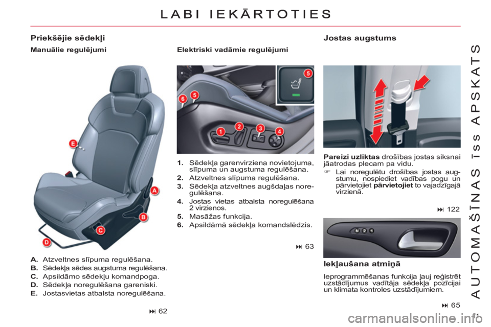 CITROEN C5 2012  Lietošanas Instrukcija (in Latvian) 11  
AUTOMAŠĪNAS īss APSKATS
 
 
 
1. 
 Sēdekļa garenvirziena novietojuma, 
slīpuma un augstuma regulēšana. 
   
2. 
 Atzveltnes slīpuma regulēšana. 
   
3. 
 Sēdekļa atzveltnes augšdaļ